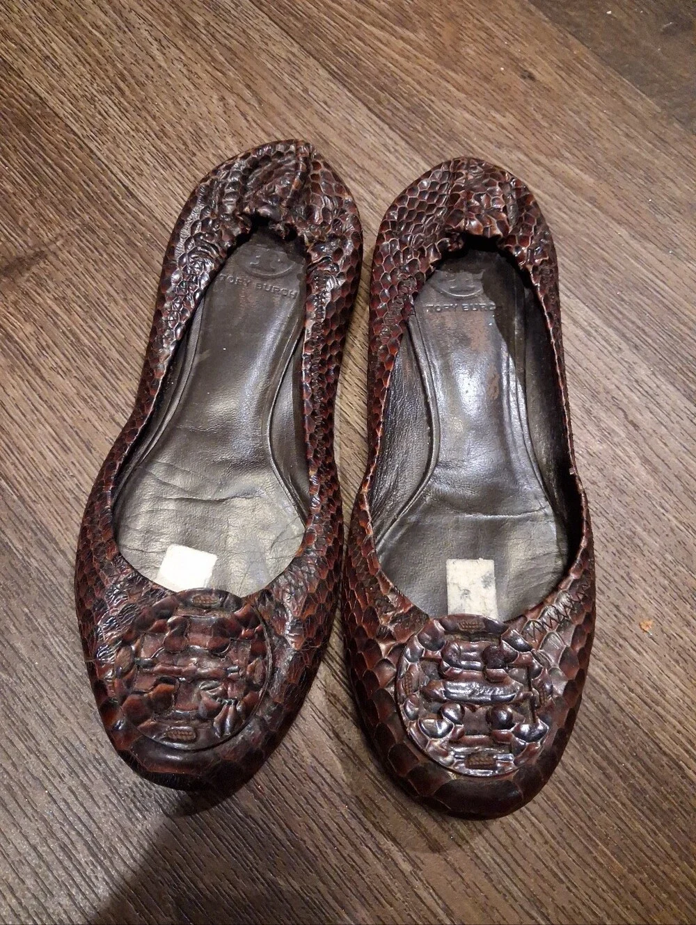Tory Burch Brown Snake-Embossed Leather Ballet Flats Sz 8